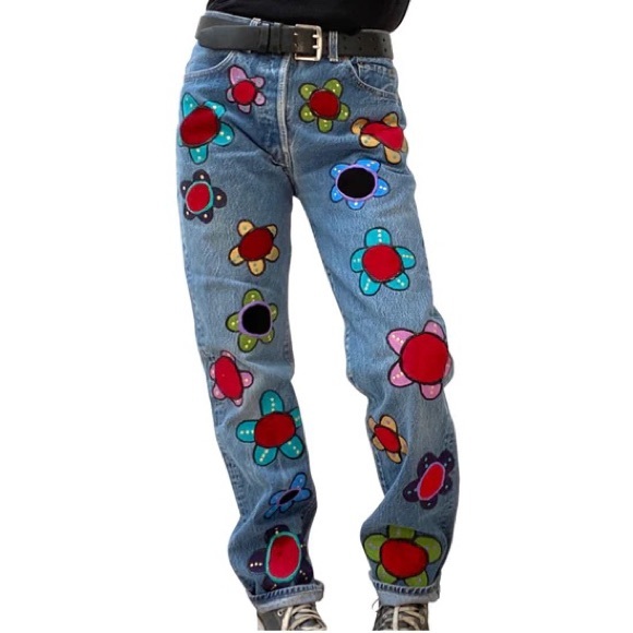 VINTAGE LEVIS 501 PATCHWORK JEANS LESLIE HAMEL JEANS SIZE 29 - Picture 2 of 6